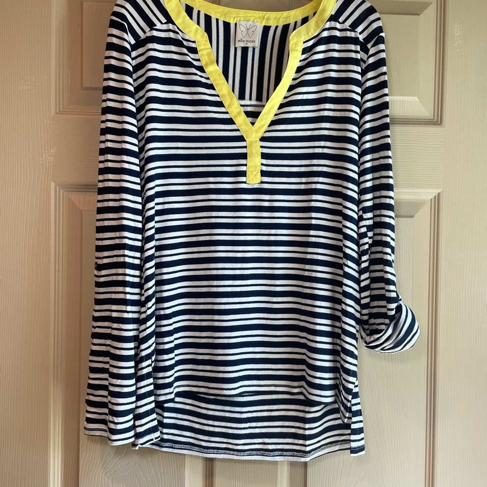 Ella Moss V-Neck Hi-Low Navy and White Striped Top with Yellow Trim, Size XS